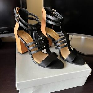 Black and Tan Strappy Heeled Sandals